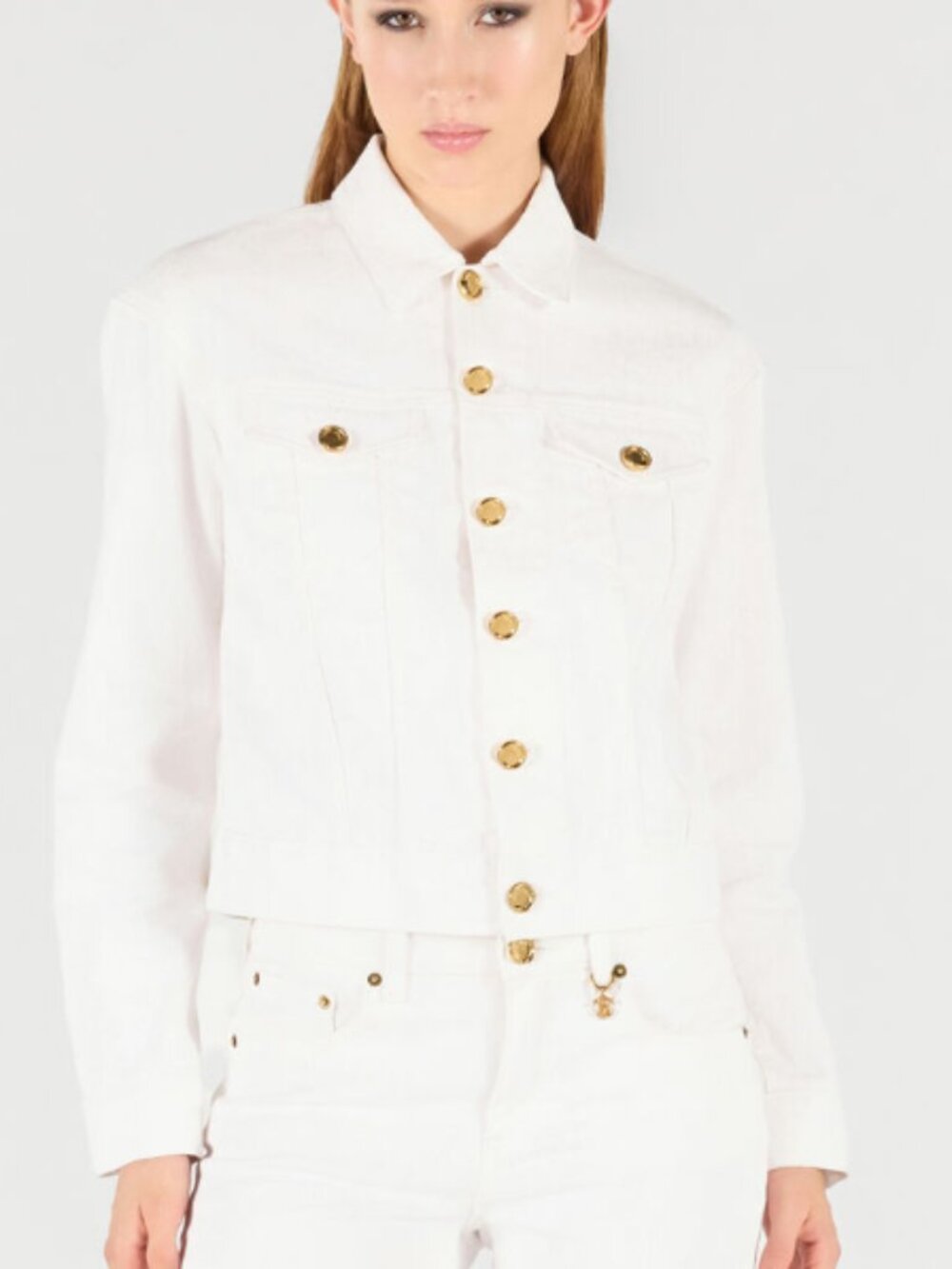 Roberto Cavalli Coated Cotton White Denim Jacket with Gold Buttons